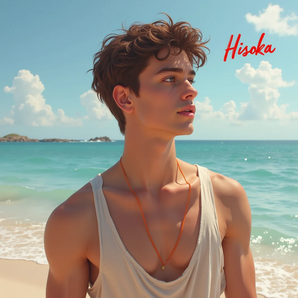(best quality), 1boy, Male, 27 years old, young man, honey toned skin, short hair, dirty blonde hair, messy hair, messy bangs, green eyes, perfect eyes, hawaii shirt, male swimwear, beach, clear face, nerd, strong jawline, lanky, tired expression, dark circles under eyes, masterpiece, anatomically correct, highres