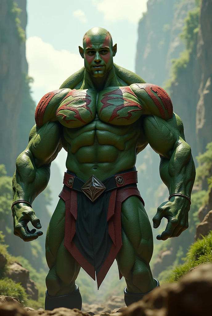 A Dramatic Hulk as Javanese man who wearing traditional Javanese clothing with Hulk color scheme in the skin, cinematic, extreem realistic, extreem detailed, extreem Sharp, middle close-up shot, full body shot