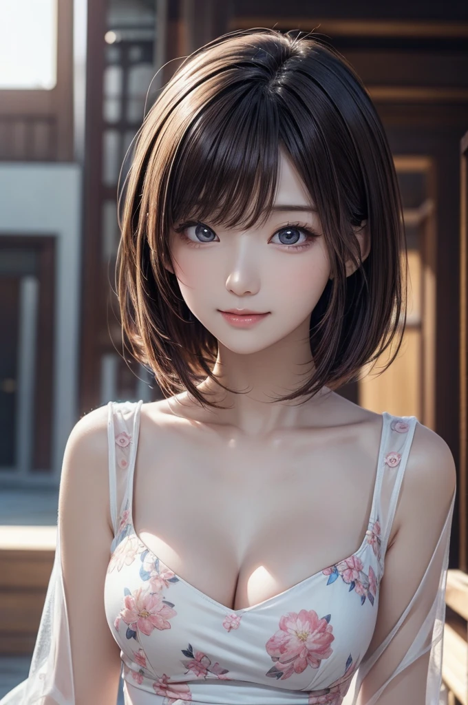 pureerosface_v1, best quality, photorealistic, 8k, high res, 1girl, woman, (skindentation), (portrait:0.6), gorgeous, dynamicpose, ((poolsidebackground:1.6)), coconut tree, ((mediumsize roundbreast, white highnecksweater:1.4)), straight-looking at viewer:1.8, (1girl eyes looking at viewer, medium-length hair, brownhair, partedbangs:1.65), (bokeh), smile:1.2, (closed mouth:1.16),