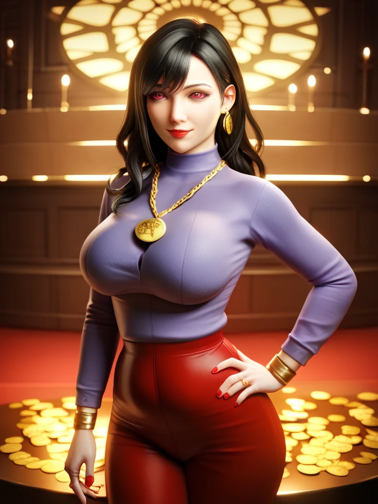 Tifa lockhart, implanted Big breast, ((long sleeve thin yellow  dress that show body curve with a cleavage)),Game,1girl,Jewel ring,Gold chained round shape necklace,Hoopa earring,Bracelet,Big cleavage,topknot hair bun,((Beehive Bun style)) ,black hair,Curvy figure,Unnatural big breast,Cleavage,black color long nail,Swaying hip,Head to waist view,Sculpted calves figure,Thick tights,Wide hips,very big cleavage,Enchanced big breast,((Diamond wedding ring)),Aristoticat ring, Detailed eyes,Busty,don corneo mansion,Madam tifa,View from front,dangerous cleavage,semi sweetheart cleavage,Solo,looking at you,Dignified expression,Show off cleavage,detailed hands,Detailed eyes,Gaze on viewer,Curvy figure