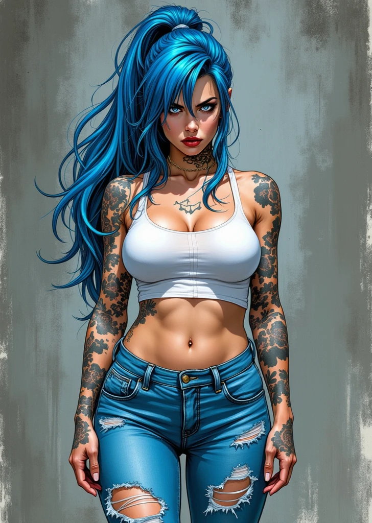 Noah, wind breaker, blue hair, white t-shirt, blue jeans, highly detailed, masterpiece, Hyperrealistic artwork, standing, looking at camera, large breast, Thick thighs, curvy hips, tatto on right shoulder