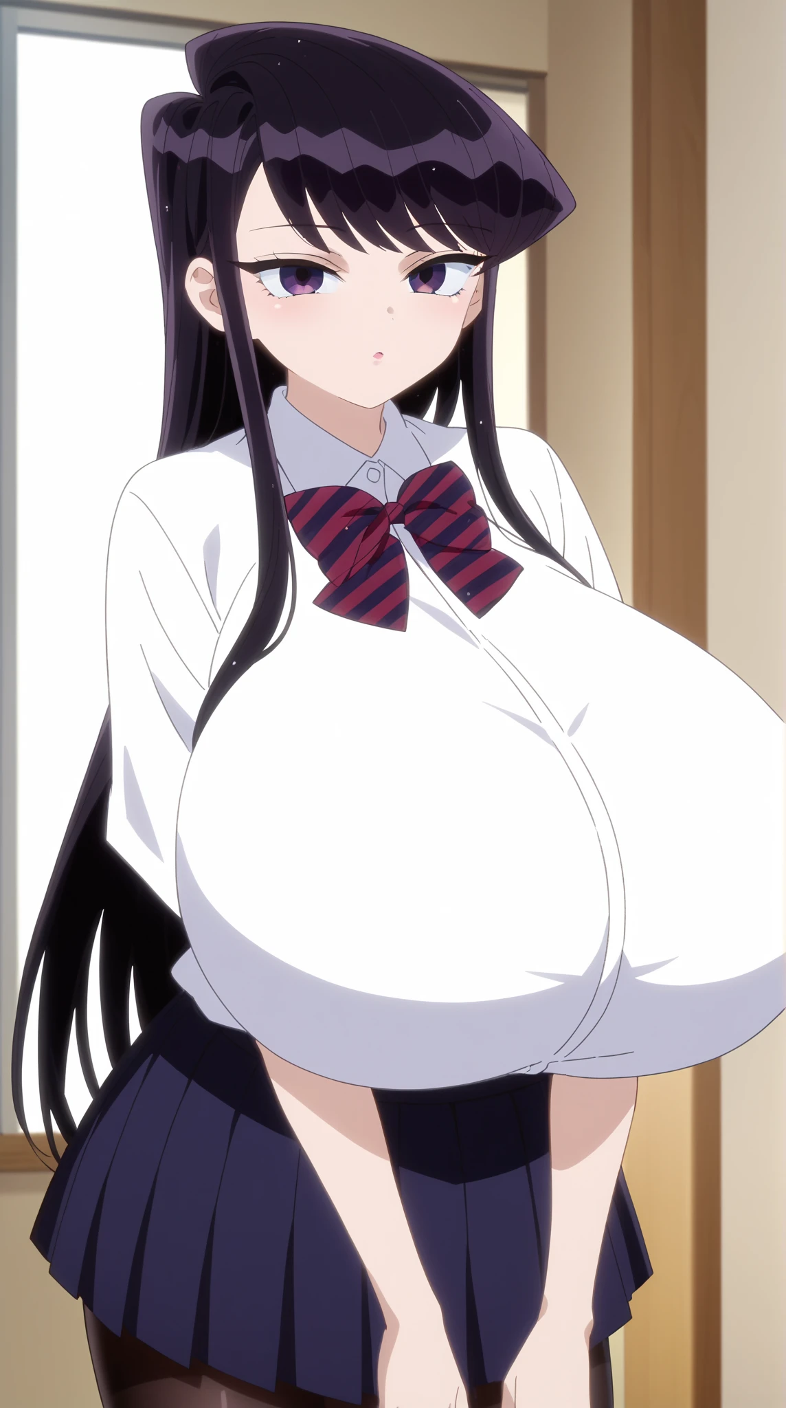 ((Best Quality)),((Very detailed)),masterpiece,absurdities,detailed face,beautiful face,(detailed eyes, deep eyes),1 girl,((dynamic pose)), very much, purple hair, by the wide, Alone, Red eyes, , open mouth, bow, big breasts, board, classroom, cowboy shot, school, inside, hand on hip, desk, shirt, angry, looking at the viewer, dress shirt,huge nipples,hard nipples, huge huge natural breasts, hard nipples, erect nipples, giant breasts, huge huge huge natural breasts, hard nipples, giant breasts super enormes,big smile on his face , huge nipples, huge huge huge nipples,giant breasts