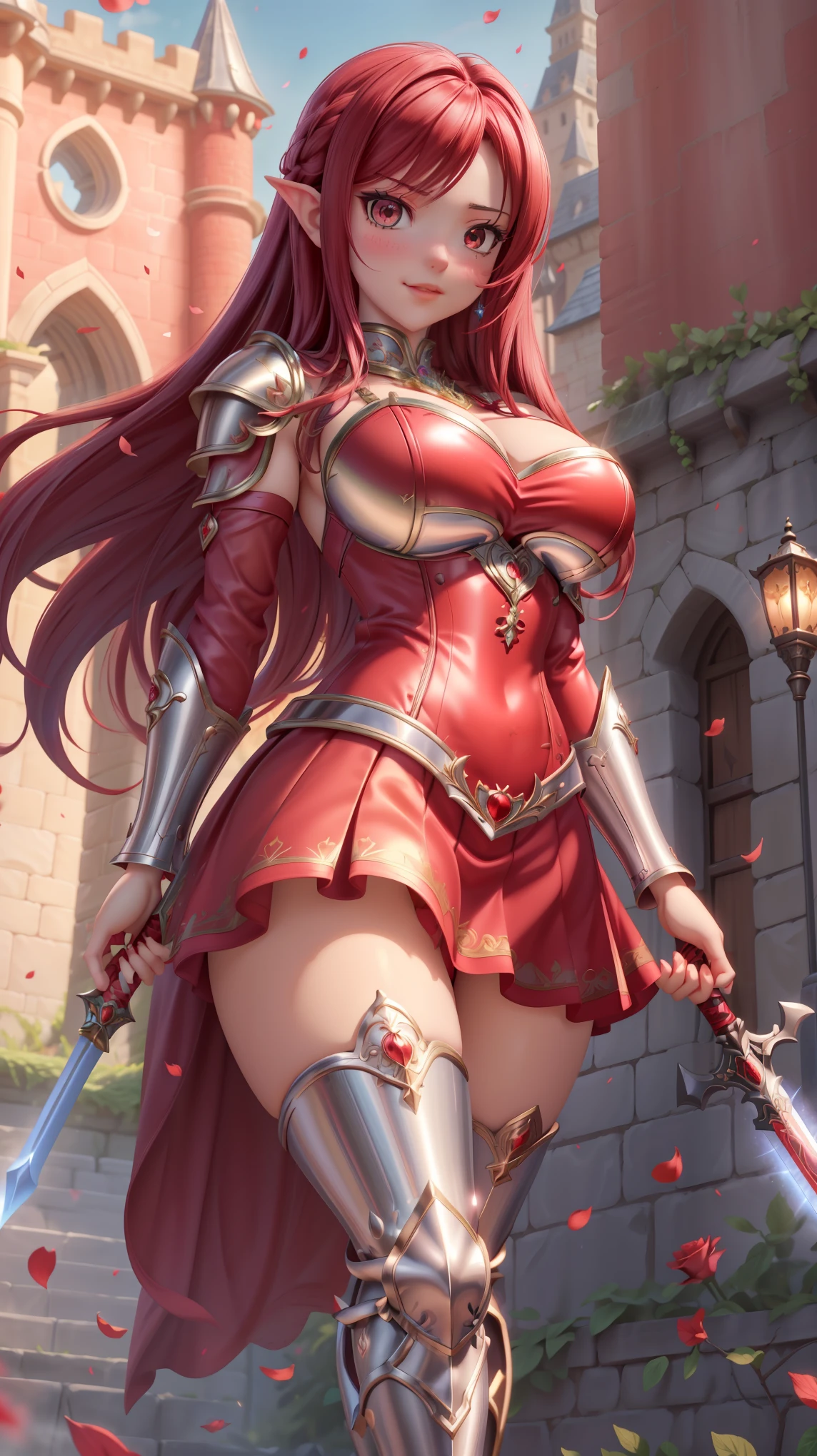 Ultra-realistic, hyper-detailed, 8K, photorealistic, vivid, masterpiece, shiny skin, firm skin, cute, very big hip, Erza Scarlet from Fairy Tail, vibrant flowing red hair cascading over shoulders, beautiful sparkling crimson eyes with long lashes, tall athletic body, curvaceous feminine figure, no bra, iconic silver armor with intricate red engravings, revealing heart-shaped breastplate accentuating her form, short red-trimmed skirt fluttering slightly, thigh-high armored boots with red accents, delicate yet strong hands gripping a polished longsword, close-up camera angle capturing every detail of her face and armor, confident and determined expression with a subtle smirk, standing tall with one hand on her hip and the other raising her sword skyward, dynamic action scene with faint magical aura glowing around her, medieval castle courtyard background with towering stone walls, red rose petals gently falling around her, vibrant crimson banners fluttering in the wind, heroic fantasy concept with a touch of elegance, dramatic golden sunlight casting soft shadows, faint mist adding mystique, lush greenery peeking from corners, cobblestone path beneath her feet, faint sound of distant battle echoing, emphasizing her strength and grace as a warrior, red color theme dominating the scene with armor glinting under light, intricate details on sword hilt sparkling, wind gently tousling her hair, evoking a sense of power and beauty, perfectly blending Erza’s fierce yet alluring essence from Fairy Tail.