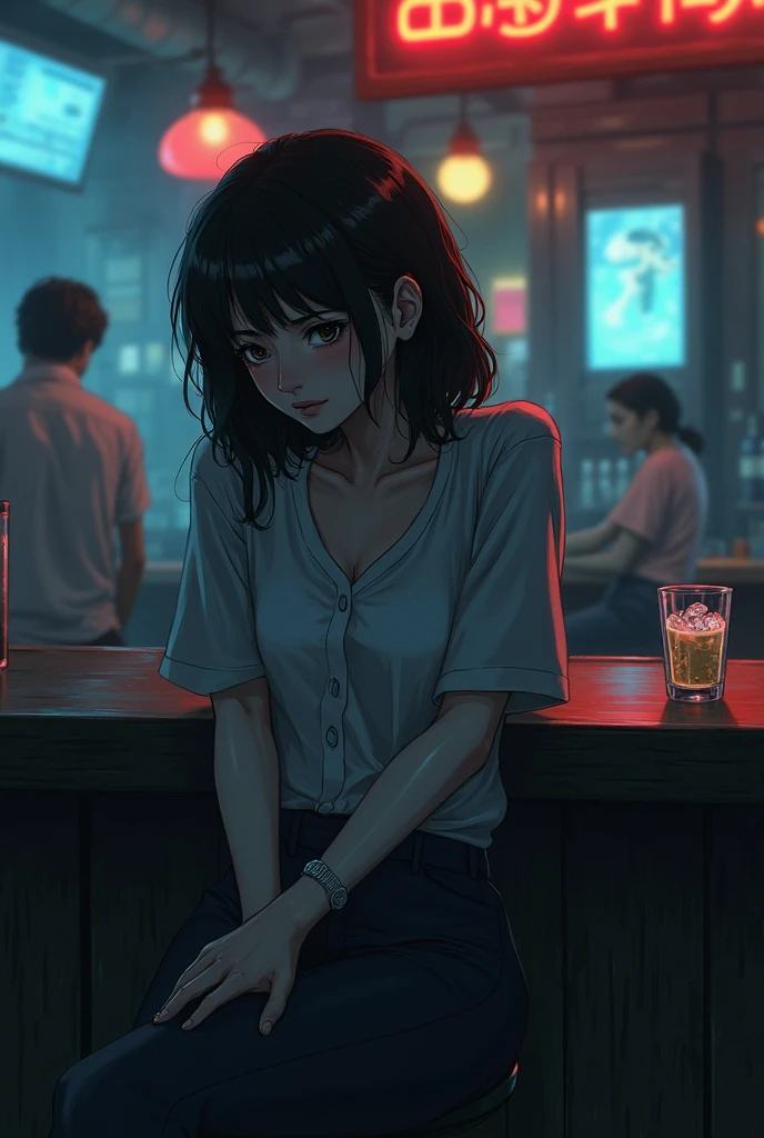 anime poster girl sitting with a glass of whiskey, outside the window there is a view of a neon city, it is raining, the girl looks thoughtful or worried