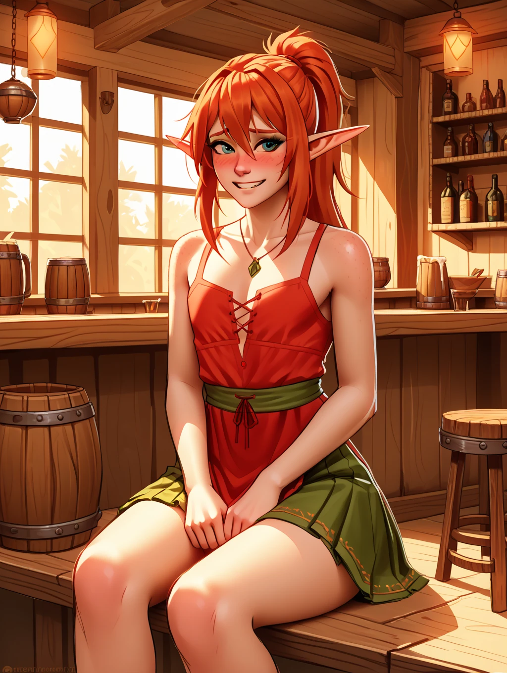 (masterpiece, high resolution,ultra - detailed:1.0),1 girl,Young and beautiful woman, ((freckles)),  long elf ears, eyes looking away from camera, ((grinning)), Perfect female body, (upper body), (medieval room), Extremely detailed CG,Unity 8k wallpaper，Complicated details, solo person, (red eyes), diamond shaped eyes, medium hair length, (orange hair), ((sexy red and white one_piece lingerie)), short maid apron, bare_shoulders, NSFW, diaphanous outfit, exposed breasts, cleavage, (hands on hips), cameltoe, happy, marble castle walls,(desert design),Portrait,color difference, Depth of field,dramatic light, Ray tracing, Best quality, Cinematic lighting,offcial art, I