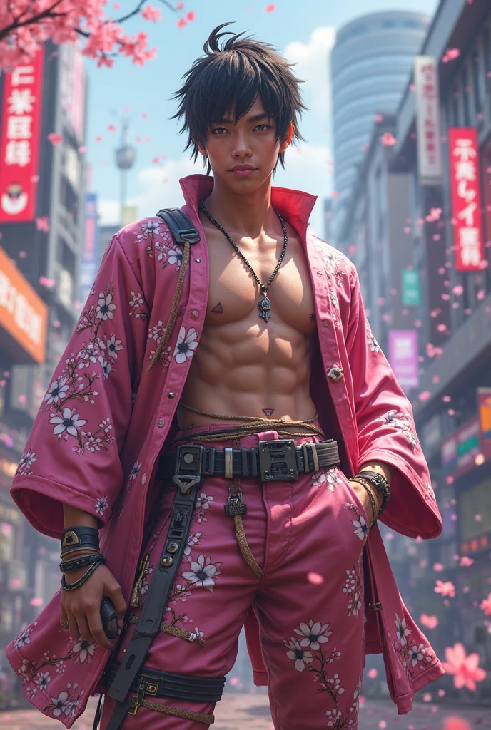 21 year old young man, short hair, and handsome, Gaga, named "Itadori Yuji" wearing Komono clothes, colored, white, effects, realistic visuals./" JUJUTSU KAISEN". is walking in the middle of the city in the rain, which is falling down .
