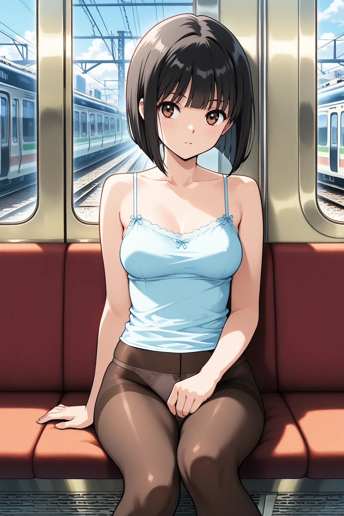 A thin female student with very small breasts is crying a lot., black hair,short hair,spread legs,Many people are watching,nsfw,1 boy, pov hands, grab breasts,crowded train