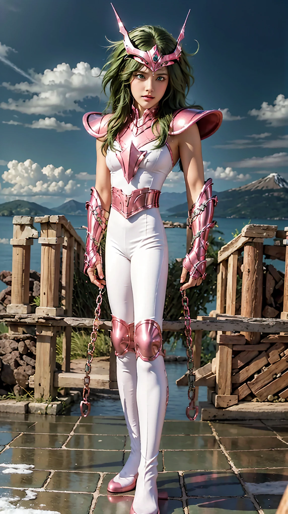 Grand Work, 8K, Best Quality, Intricate Details, Ultra Details, Ultra High Resolution,(Make-up: 0.4), (Feathery Green Eyes: 1.21), ((Full Body)), ((Muscle: 1.1)), ((Daytime: 1.3)),Standing, HDR, Ultra Detail, EF 24-70mm f/2.8L II USM,Best Quality, High Quality,1 Girl, Japanese Girl, Cute, Beautiful, Charming, (Big Breasts),20 Years Old, 1 girl,best quality, ultra-high resolution, vibrant skin texture, frame, realistic, high resolution, original photo, shiny skin, vibrant skin texture, best lighting, splashes, dramatic lighting, dynamic pose, background of blue and white cloudy sky, 1 girl, balanced eyes,Andromeda Shun, professional cosplay,pink metal armor, pink metal chest plate, ((green hair)), pink helmet, pink metal gaiters, metal boots, looking towards the audience, faint smile, chain, round chain ends and arrows, realistic
