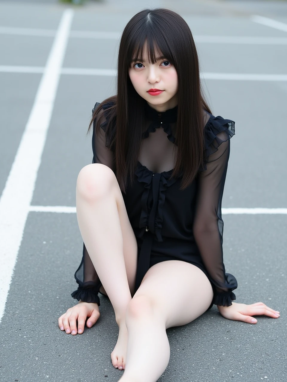 4k, photo, realistic,best quality,1girl,woman, (full body:1.2), photo \(medium\), women,solo, black hair, lips, looking at viewer, blurry, black eyes, depth of field, long hair, loafers, bare legs, black dress,