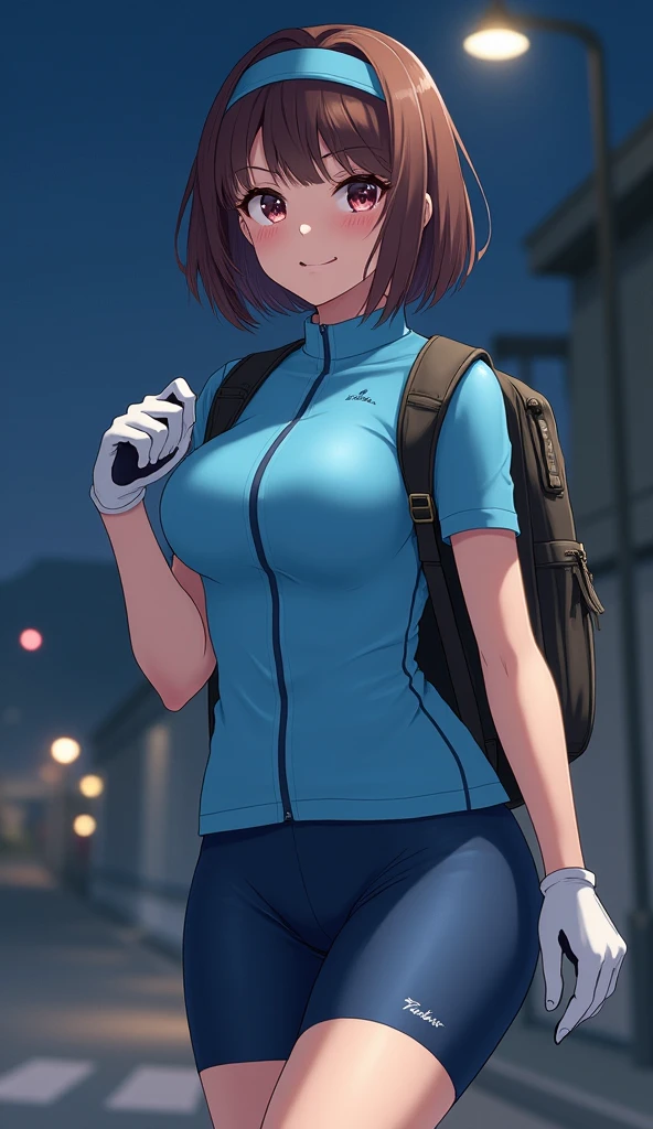 One Girl, High resolution, masterpiece, Accurate, Highest quality, bangs, Large Breasts, smile,positive, Cowboy Shot, shape, Backwards bike shorts