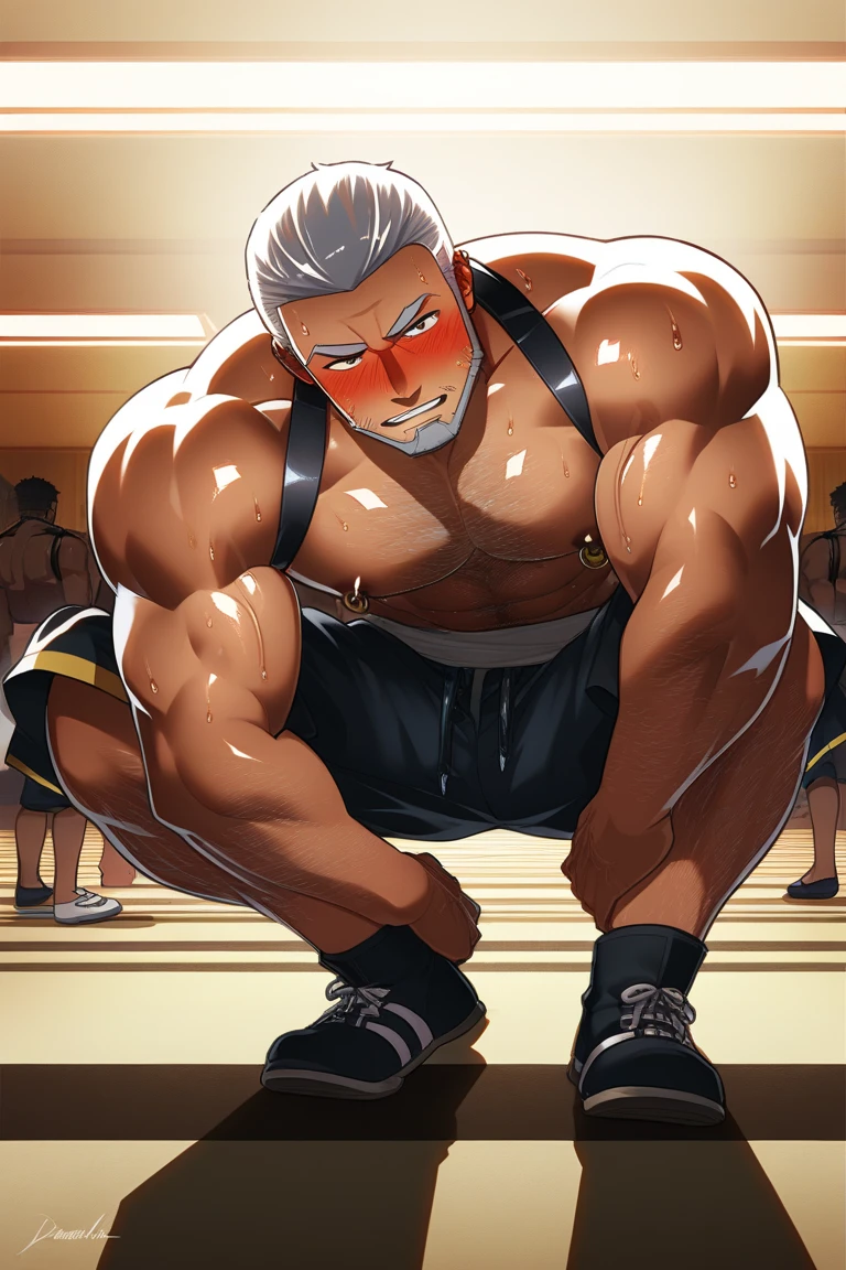 Highest quality、Blonde、Brown skin、Short Hair、Sports haircut、short hair、(muscular male:1.5)、(father:0.5)、Shaved head、Attach collar and shoulder strap、Completely naked、erection、Blindfold、gag、nipple piercing、squatting、spread legs、arms behind head、gangbang、3boys、underground warehouse、Embarrassed face、cum on chest、cum on body 、(sweat:1.3)、steam