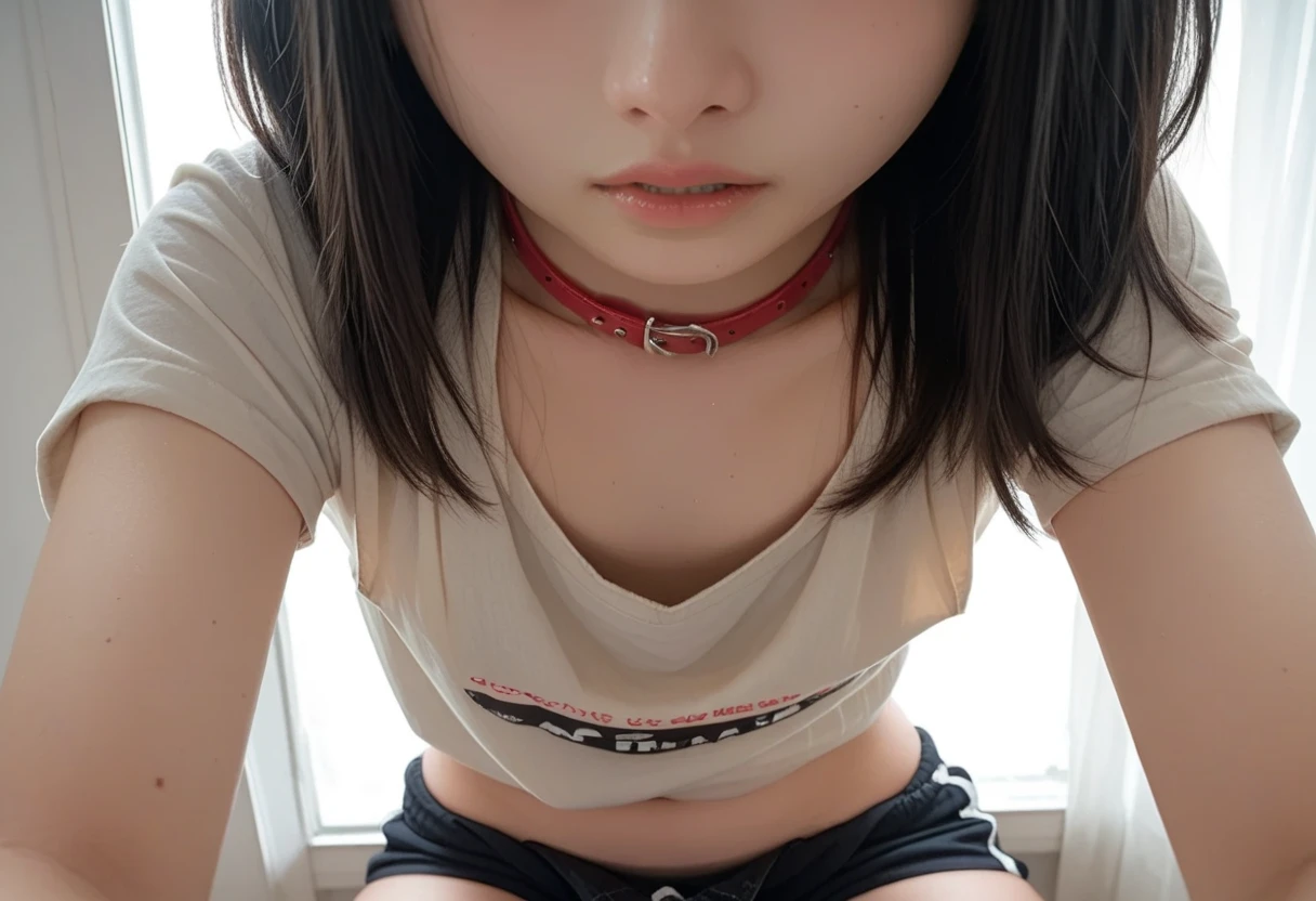 pastel colors t-shirt,off-shoulder look,bare shoulder,ollarbone,midriff peek,Tight denim mini skirt,(open mouth:1.5),(tongue out:2),Kneeling,Standing Upright,Hands Behind Back,Collar with leash,front view,face focus,from above(1girl,Beautiful 14 year old girl,teenager),((Slender,Small breasts,Small face,)),(looking at viewer),Black Hair,bangs,straight,Beautiful and detailed,(Dimly lit room:1.5),White bed