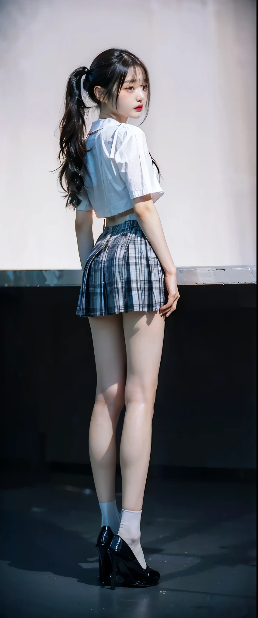 ((masterpiece)),(((最high quality))),((((Photograph the whole body from knee height:1.8)))),((((((Stand up straight with your feet together:1.9)))))),((Thin thighs)),((Long legs:1.3)),(((Girl standing in a school classroom:1.7))),(((Micro Mini Skirt Uniform:1.6))),((expensive:1.8)),((Japan in summer uniform:1.8)),((Slim Model body type:1.5)),((Thin legs:1.5)),Wearing a short-sleeved white shirt,(Blue checked micro mini skirt:1.2),(24-years-old:1.3),bangs,A small smile,((cute girl)),Slender girl,(Black Loafers),((short white socks up to the ankles,,)),cute,The thigh area below the groin is slim and firm,cute,(Black hair ponytail),Thin legs,Slim Model body type,Very small waist,Small hips,Long thighs,Thin thighs,Thin hands,Long hands,((((Photograph the whole body from below:1.5)))),(((((k-popのIVEのWONYOUNGにそっくりの女の子:1.9))))),((Keep your whole body straight back:1.8)),((((Only face forward:1.7))))((((Stick your butt out a little:1.5)))),((White panties:1.9)),((Expensive:1.4)),(Stand with your legs straight and without bending your knees:1.7),((Stand up straight:1.9)),((Turning your hips back:1.7)),The ankles are super thin,beauty,Fine skin,Firm Skin,Realistically reproduced skin detail of thin legs,Very detailed, Attention to detail,high quality,Awards,High resolution,(Anatomically correct:1.3),(8k,RAW Photos,最high quality,masterpiece:1.5),(((女の子をPhotograph the whole body from below:1.5))),Height 173cm,((Stand up straight with your feet together:1.8)),((Stand up straight with your feet together:1.7)),(((Keep your back straight:1.8))),((look forward to:1.2)),9 head beauty,Model body type,((Inseam is half the height:1.5)),(Thin thighs),((k-popのIVEのWONYOUNGにそっくりの女の子:1.5)),RAW Photos,Firm Skin,Fine skin,Well-toned muscular legs,Attention to detail,vivid,Skin Texture,Genuine skin feel,Perfect composition,beautiful,Very detailed,High chroma,Genuine,eyeliner,eye shadow,Expensive nose,Small nostrils,Small Mouth,Seductive lips