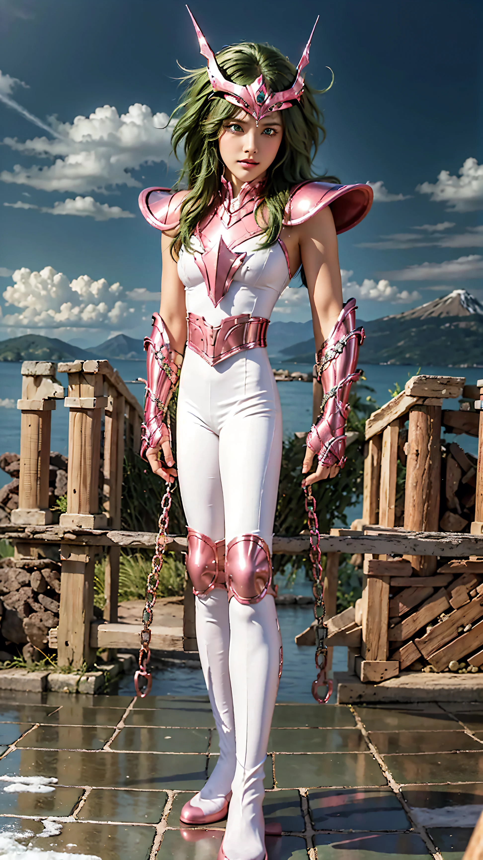 Grand Work, 8K, Best Quality, Intricate Details, Ultra Details, Ultra High Resolution,(Make-up: 0.4), (Feathery Green Eyes: 1.21), ((Full Body)), ((Muscle: 1.1)), ((Daytime: 1.3)),Standing, HDR, Ultra Detail, EF 24-70mm f/2.8L II USM,Best Quality, High Quality,1 Girl, Japanese Girl, Cute, Beautiful, Charming, (Big Breasts),20 Years Old, 1 girl,best quality, ultra-high resolution, vibrant skin texture, frame, realistic, high resolution, original photo, shiny skin, vibrant skin texture, best lighting, splashes, dramatic lighting, dynamic pose, background of blue and white cloudy sky, 1 girl, balanced eyes,Andromeda Shun, professional cosplay,pink metal armor, pink metal chest plate, ((green hair)), pink helmet, pink metal gaiters, metal boots, looking towards the audience, faint smile, chain, round chain ends and arrows, realistic