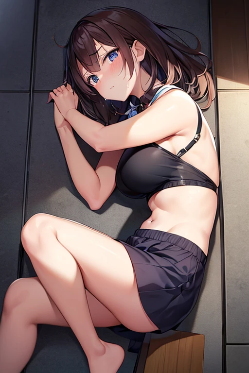 (Highest quality), (masterpiece), 1080p, High resolution, 4K, 8k, ((school swimsuit)), Pass through the chest, spread legs, legs up, Constraints具, Lock, Lying on your back, Leg spread, Open up, Shot from directly above, Sweat, ((side)), sideを見せる, Constraints, ((Nipples)), Nipples, Mid-chest, whole body, Embarrassed face, Long Black Hair, Blunt bangs, bracelet, Leather shoes, Platform boots, Karaoke Box, Ribbon on neck