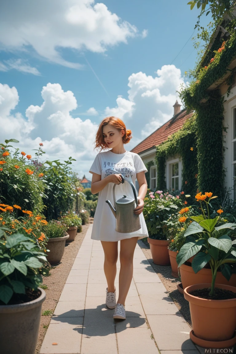 A very tiny orange kitten in a holey, filthy white T-shirt, carrying a large watering can and clumsily watering plants in a neglected rooftop garden under a cloudy sky.