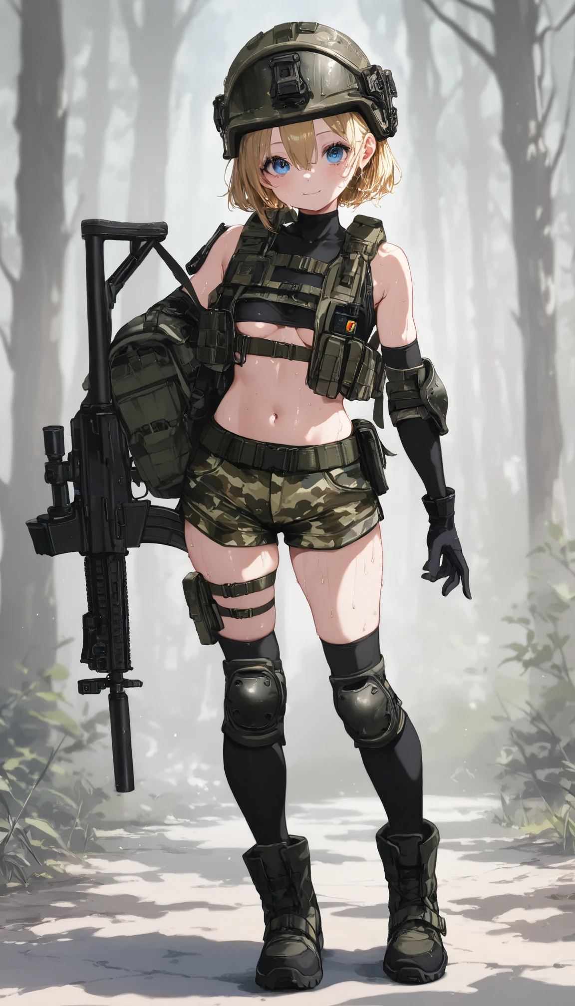 slender girl, frail frame wearing rifle on back, wearing tight black leggings with a cameltoe, hiking through the woods
