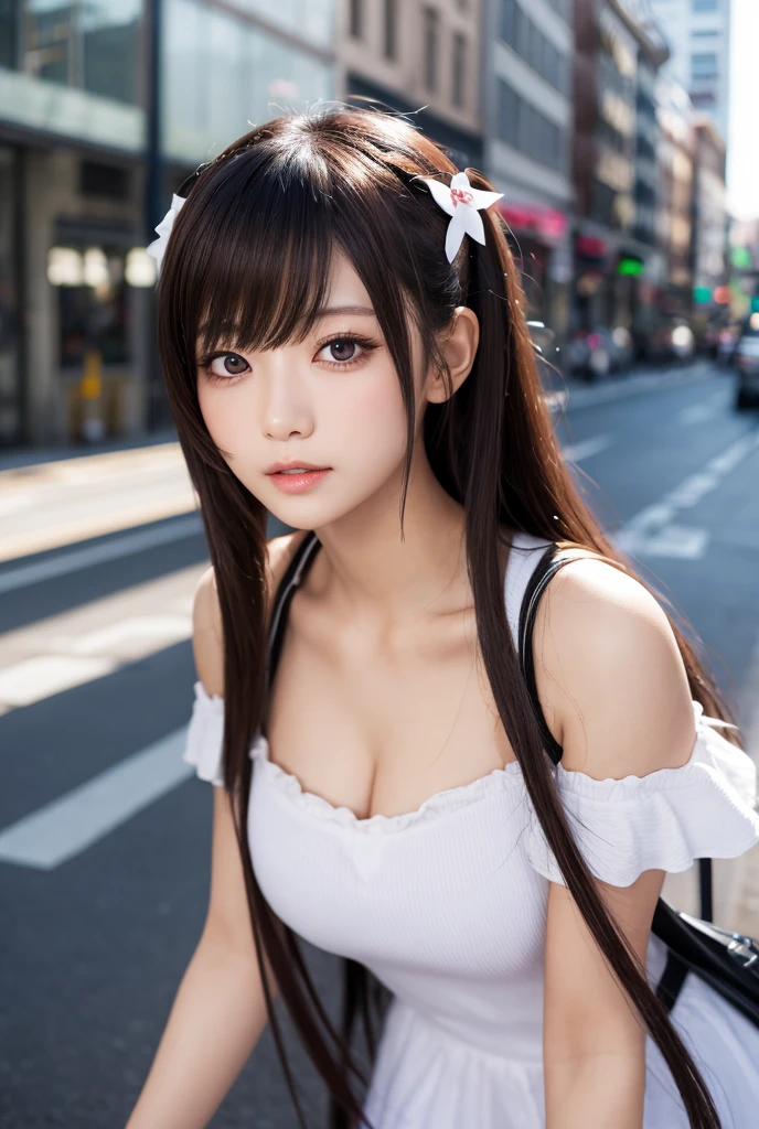 sexy big breasts、 beautiful girl sexy cute looks and cute, beautiful and sexy face、The strong wind blows the hair in front of my face、Beautiful long metallic pink twintail hair with beautiful cute and sexy eyes hidden in her long bangs