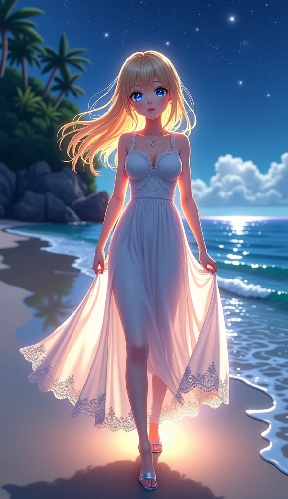 (masterpiece、Highest quality、8k、High resolution)、(The best beautiful girl)、Best Style、(The most beautiful face)、Clear skin、Clean blue eyes、Beautiful lips、Beautiful nose、Blonde Hair、Ample breasts、Walking on the sand、look back、The line of the buttocks is round and beautiful.、Ocean、You can see the forest、A bright night with stars visible、Beautiful starry sky、milky way、(体whole bodyから神秘的な光の粒子、Colorful Light)、The face looks beautiful、(jewelry、necklace)、dress、(whole body)、Highly detailed anime art、A complete portrayal、