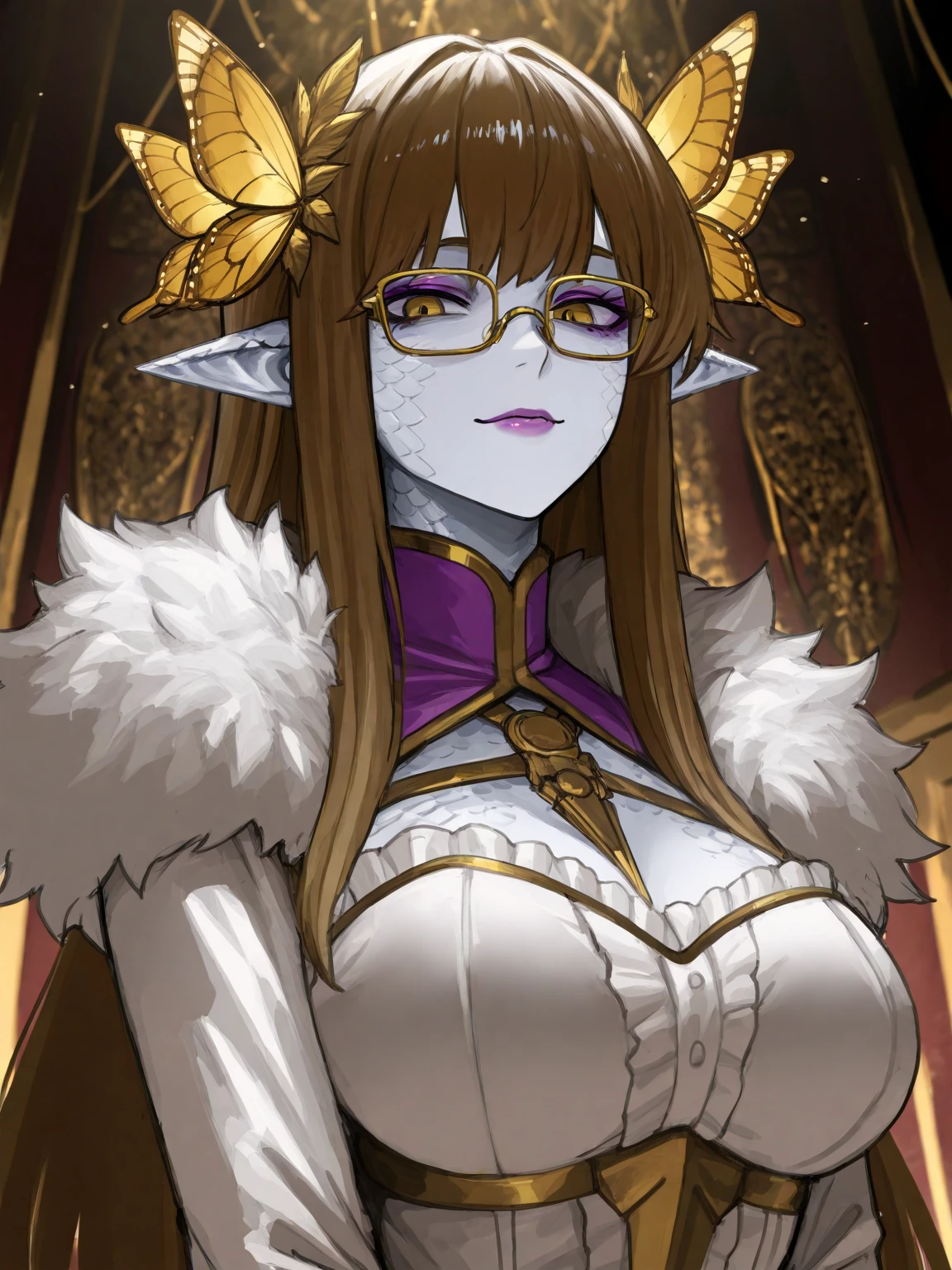dark skin gal, (exotic wild big fluffy hair with multiple colors, (multiple colors of fluffy hair:1.1), horns, glasses, (adventuring in cave)