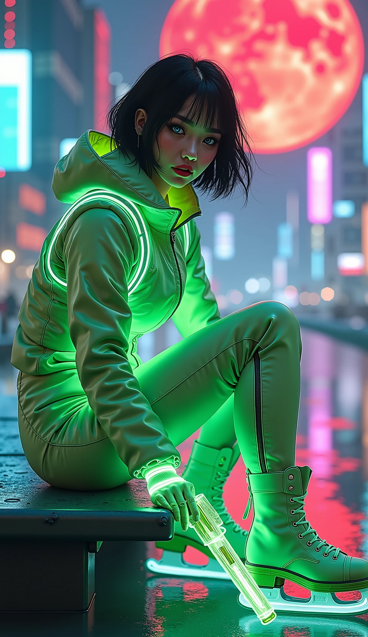 Cyberpunk Girl wearing a phosphorescent yellow green clothes and sneakers