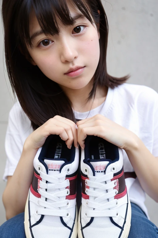 woman raising her legs,skirt, shirt, Towering higher than you, Looking down on you, Grin, View from below、Cute Korean Girl 、Gothic Fashion、Bobcut、Dominant Gaze、Look Down、Taunt、Trampling、Place the soles of your shoes towards you.