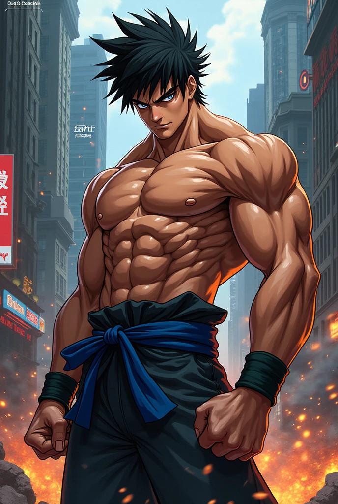 a powerful muscular man with spiky black hair, glowing eyes, clenched fist, dramatic pose, full moon, dramatic clouds, mist, electricity, impact effect, ultra speed effect, hyper detailed, 8k, photorealistic, cinematic lighting, vibrant colors, dynamic composition, dramatic atmosphere