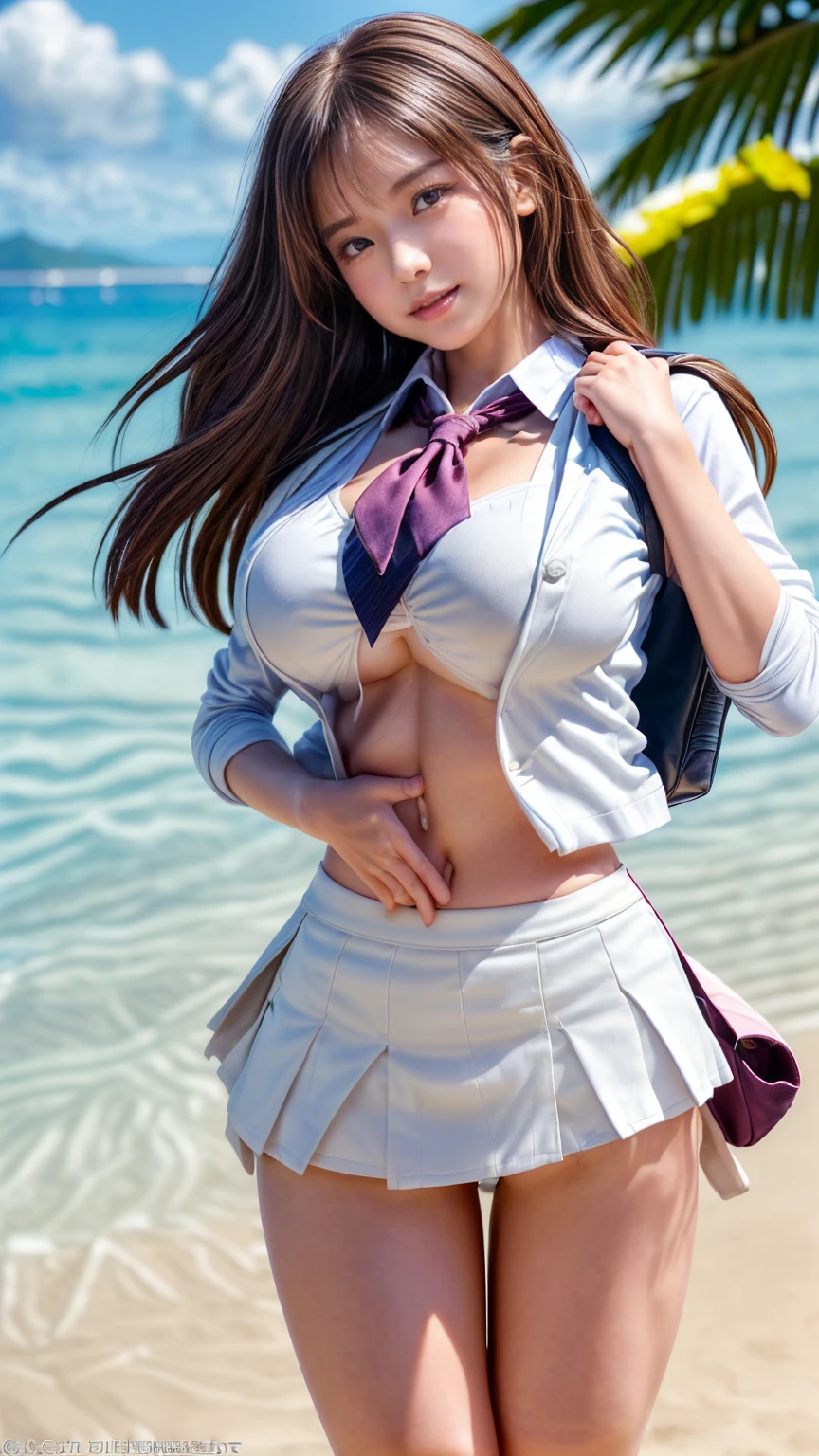 Top quality, full body detail, golden ratio, (theater lighting: 0.7), masterpiece, viewer angle shot, beautiful smile, (tan, seductive 18 years old) (AdreaLee), straight and strangely happy expression, standing on the sea side, curvaceous body (wearing uniform), long brown messy straight hair, sunset, full body portrait, perfect face, amazing eyes, vivid details, ( Highly detailed skin), accessive surreal schoolgirl, cleavage, big, top quality, masterpiece, super high resolution