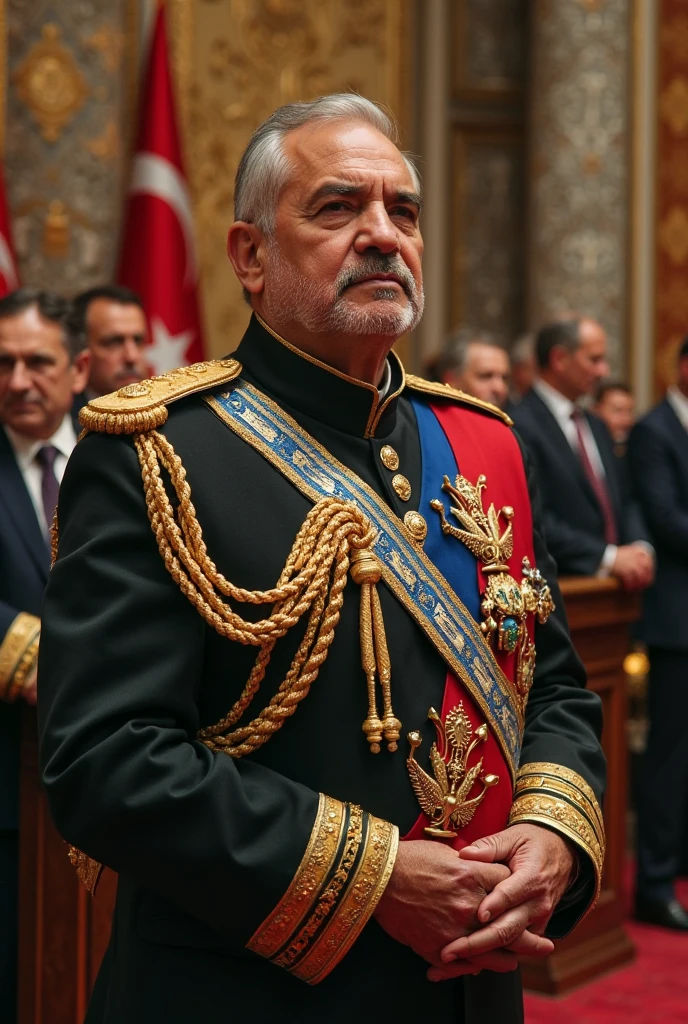 A 40-year-old man, looking at the camera. The eyes are right. Fingers crossed, night. Back light red, he is a general of the Ottoman army and has a very fit body. His hair is short and turned a little white in the clothes of the Ottoman Empire. Sitting on a royal horse, fit and fit. tall Details above. High quality. whole body The Ottoman flag is behind his mansion.