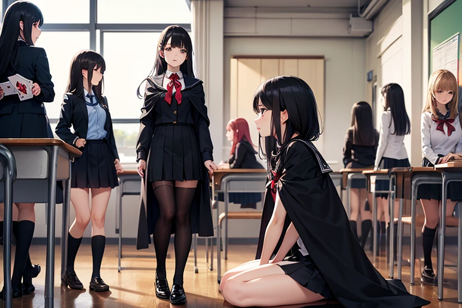 (3girls), (3 young schoolgirls), navy blue school shirt, red school skirt, putting on a show for the viewer, classroom, dusk, (dim lighting), devious smile, (three Sexy girl), [platinum hair, tall, grey eyes, pale skin, big breasts], [dark brown hair, hazel eyes, tan skin, big ass], [black hair, light blue eyes, medium tits, short] (Masterpiece), (Best quality), (8k)