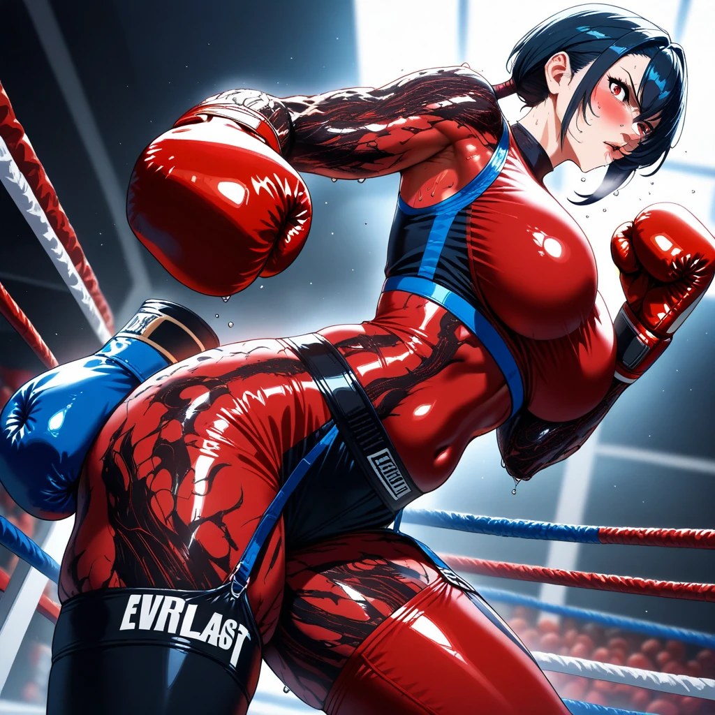 kitanamk11, Long boots, leotard, blue and black, blue eyes, black hair, masterpiece, Female Ninja, fishnet leotard, 1girl, standing in wrestling ring,