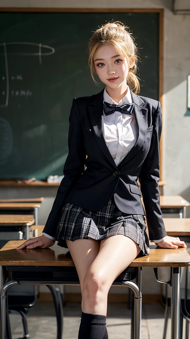 (Photogenic, Masterpiece: 1.5), Blazer school uniform, mini skirt, voluptuous body, short pink hair, sitting at desk, black pants visible through crossed legs, pointing, beautiful face, black underwear, shiny thighs, pure white skin, Japan, school girl, realistic
