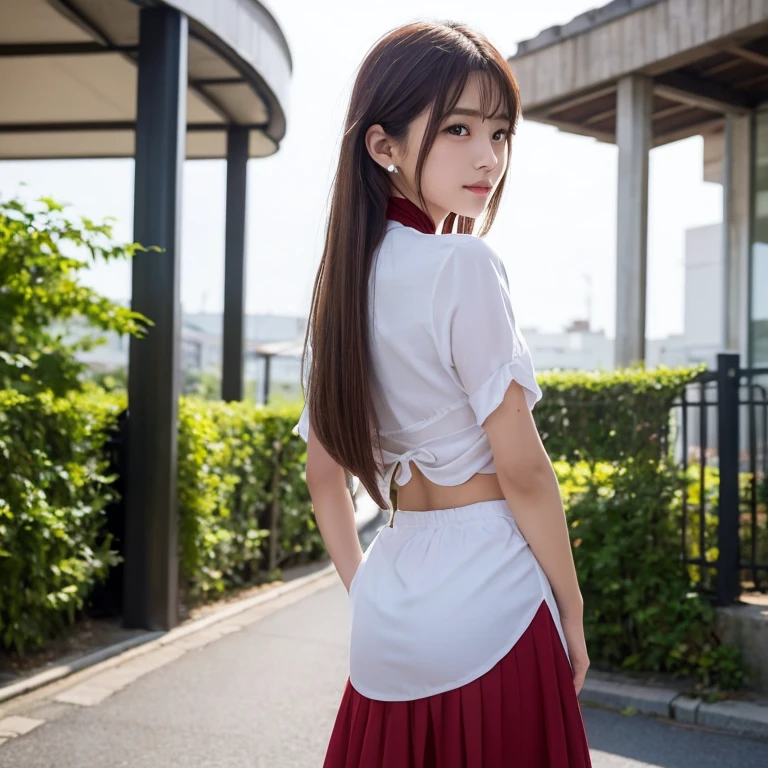 Shrine maiden、Japanese beauty miko、long sleeve white kimono 、Cleavage、Red Hakama Micro Mini Skirt、No underwear、A red skirt with a deep large side slit、bangs、Black long hair、shaved pussy、low angle、Raising leg, show pussy、 show pussy, sluty, Inviting me to sex、 standing, a woman has a big breasted body with short skirt, 1girl, solo, realistic, japanese clothes, black hair, long hair, miko, looking at viewer, red hakama skirt, outdoors, bangs, pantyless, no panties, pantyless, no panties, pantyless, no panties, A red micro mini skirt with large side slits up to the waist, spread legs, Low - Angle, shaved pussy, ass, Looking back, back