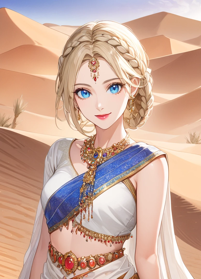 beautiful young woman standing at hill edge in sunset, 1girl, hourglass figure, seductive pose, printed design white saree, silky white hair braid, heavy silver jhumka earrings, necklace, anklet, cleavage, detailed face with stunning magenta eyes, full lips, flawless makeup, dark cinematic lighting, dramatic photorealistic effect, masterpiece-level 8k rendering, ultra-detailed, realistic, photo-realistic, hdr, uhd, studio lighting, ultra-fine painting, sharp focus, physically-based rendering, extreme detail description, professional, vivid colors, bokeh, smiling, full body view, bangles