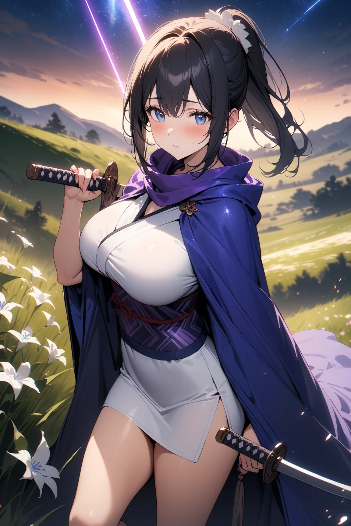 Kujou Sara Genshin Impact, Iwhole body, (NSTDA.:1.2), (10, beste-Qualit, master-piece: 1.4), ultra-high resolution, (realistic, photorealistic: 1.48), Cute Girl 25 years old , ( Beetle Micro see-through bikini:1.11), famous Japanese actress, big breasts, blue eyes, head tilted, cowboy shot, from the side, looking at viewer, emotionless, beautiful river in the forest, Zeiss 150mm F/ 2.8 Hasselblad, whole body, feet, ultra wide angle