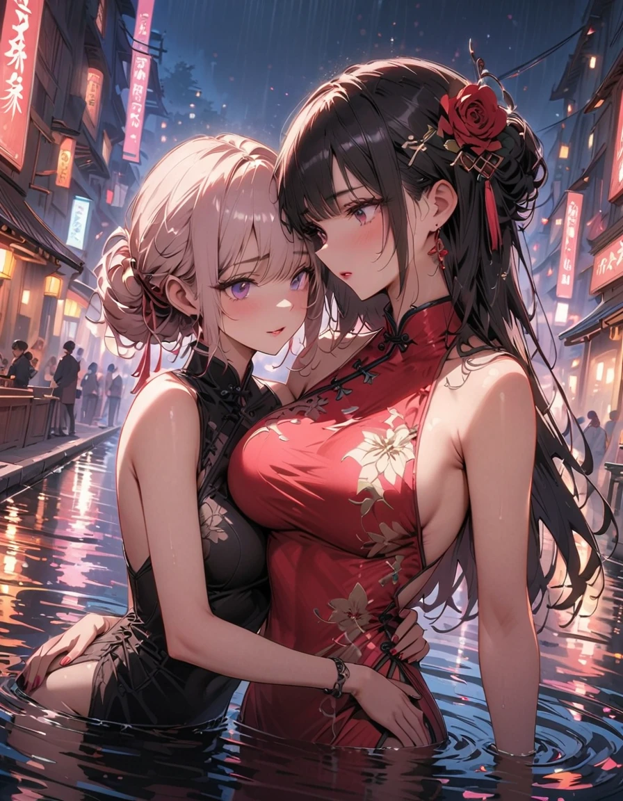 masterpiece, best quality, 2girls, , (petite), double bun, cowboy shot,
seductive smile, kneeling, china dress, open clothes, small breasts, nipple slip, Hongkong street, night,