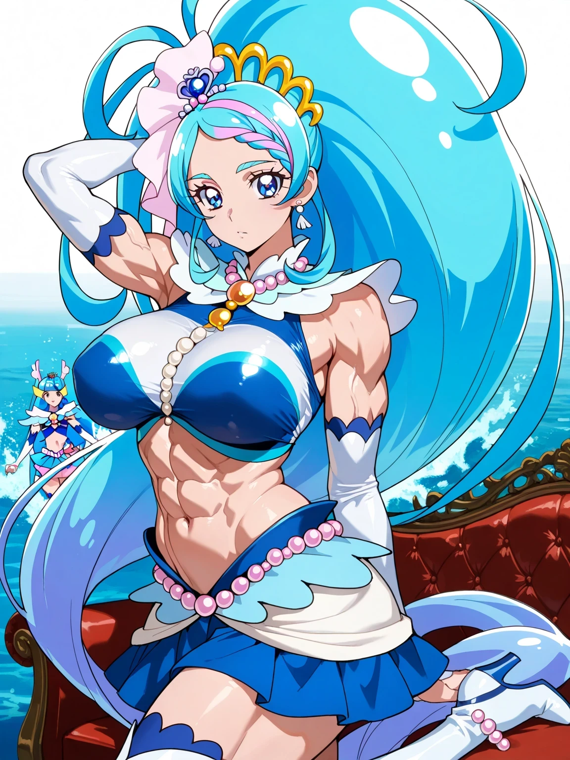 score 9 , score 8 up, score 7 up, source anime, masterpiece, top quality, high resolution, anime coloring, 1woman, cure mermaid, Cyan Haired Anime Female Character Closeup, Beautiful Heavenly Mage, shell, pearl, jewelry, hair ornament, sea warrior, Aura of water, Heavenly Aura, Ocean Aura, solo, Cyan Long-Haired Woman, high ponytail hair, multicolored hair, two tone hair, streaked hair, gradient hair, purple bangs , Braided bangs, eyelashes, thick eyebrows, hair flip, shell crown, Zodiac Girl Knight , shell hair ornament, Sparkling Magical Girl, royal elegant pose inspired by Li Chevalier, Anime Woman in a Blue Crop Top Dress, Anime Woman in a Belly Button Costume, Anime Princess, White Arm Warmers , white gloves, white knee boots, white detached sleeves, white high heels, white heel boots, Blue Bikini Dress, crop top dress with an royal blue, muscular woman, bikini dress top with an royal blue, blue miniskirt on the couch, bikini dress top with an triangle, Blue Flared Skirt, layerd skirt, white shoulder pads, white collar, Magical Aura Around Her, feminine and muscular, Portrait of a Zodiac Girl Knight, tall woman, chunky muscle , Magical Glossy Skin, latex material outfit, slender waist, at night!!, royal blue latex, cobalt blue latex, two tone latex, multicolored latex, woman's focus, looking at viewer, solo focus, cowboy shot, cure mermaid outfit, Bare Thighs, tall woman, midriff, navel, abs, Big Breasts, EXTRA BIG BREASTS, stomach, covered biceps, covered biceps long head, covered biceps short head, covered triceps, covered triceps medial head, covered triceps lateral head, covered triceps long head, brachioradialis , Covered trapezius, deltoids, anterior deltoids, middle deltoids, posterior deltoids, covered gluteus, covered semitendinosus, covered adductor magnus muscles, thigh muscles, (muscular woman:1,95),
