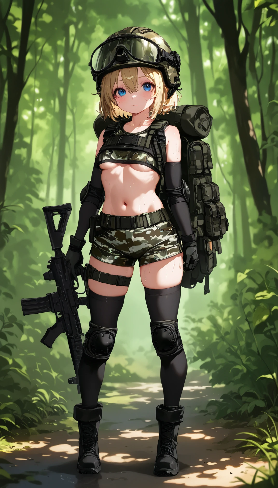 (masterpiece:1.2), (best quality,:1.2), 1girl, medium breasts, long hair, blonde hair, squat, spread legs, in the forest, smiling, night time,
<lora:camouflage_uniform04:0.45>, wearing camouflage_uniform, wearing cap, bikini, black boots,