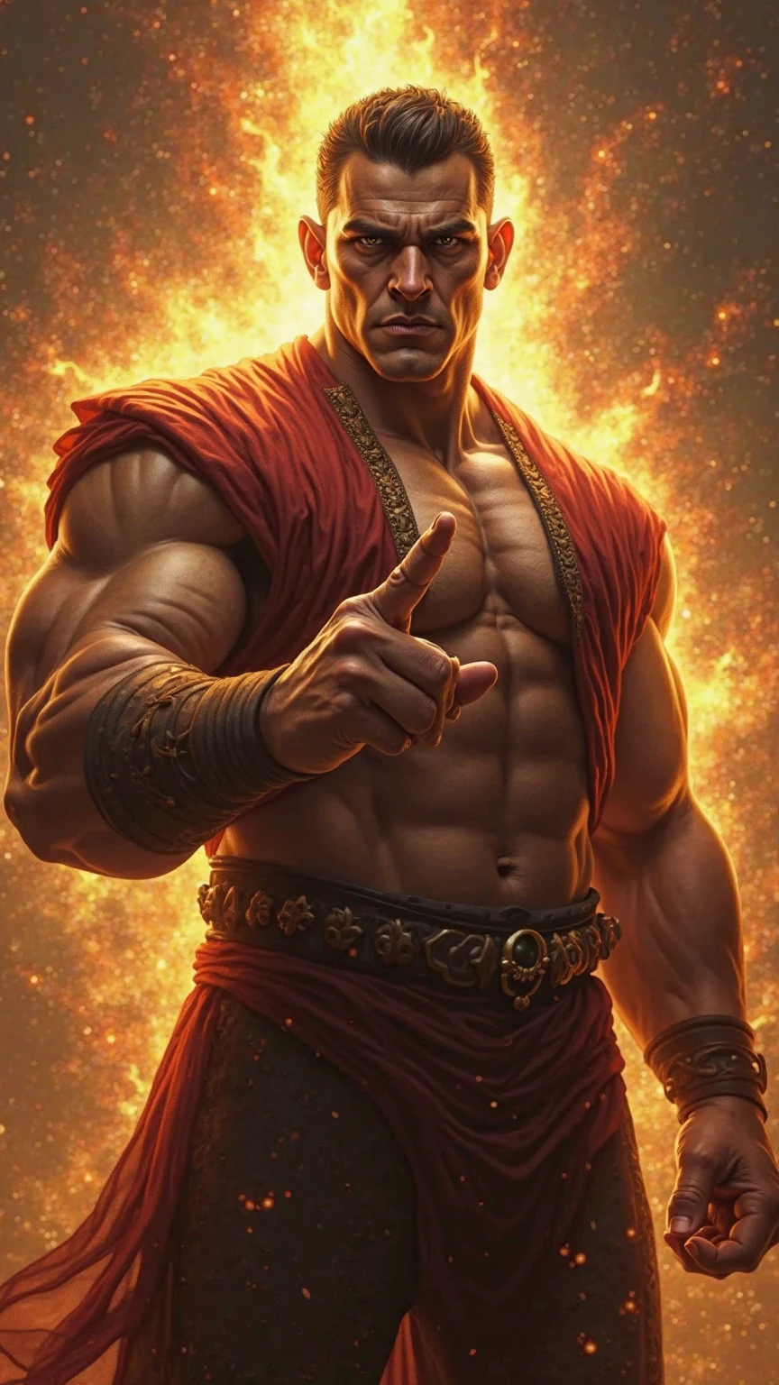 a hooded male character, detailed muscular body, intense orange and yellow color palette, dramatic lighting, cinematic composition, digital art, highly detailed, photorealistic, 8k, best quality, masterpiece