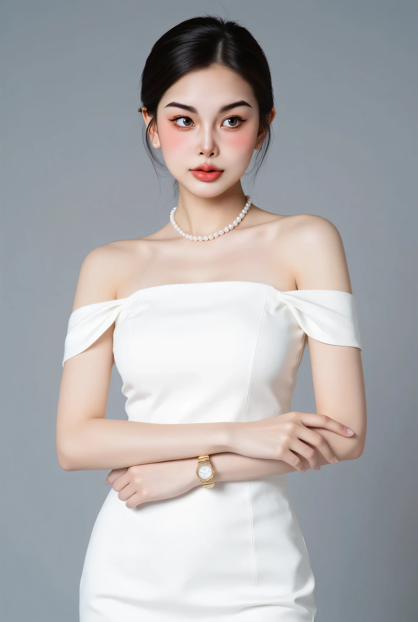 The Thai Asian girl is beautiful, elegant, white, delicate and sharp. She is beautifully made up with soft coral lipstick. Her eyebrows are natural. She wears a white dress with an open shoulder, satin fabric. She looks structured, her hair is neatly arranged. Medium Sak and Klao were low-key boxers. She wore a pearl necklace, pearl earrings and a sleek gold wristwatch. The background is soft gray in the studio with gently arranged lighting, emphasizing elegance, professional portrait photos, high-definition detail.