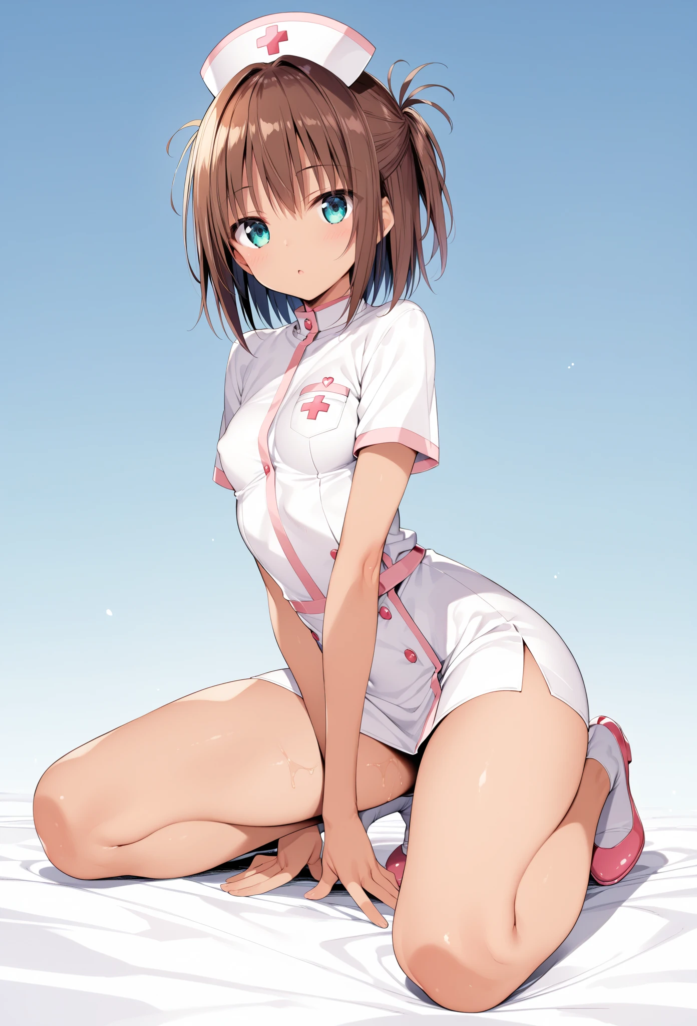 Five bodies to the ground, A Female robot exposes her inside mechanical organ. spread legs, nude, banzai pose. she wears no dress. Her Brown short hair is tied with two big red clothespins, She lifts up the under hem of her white plain dress, leaning over, masterpiece, very short pigtails,brown hair, mature, android, blue eyes, full body figure, Height: 160cm, flushed cheeks, 2020s anime picture, A beautiful robot with short brown hair in two short pigtails held up by two very large huge red clothespins, Uplifting, No NSFW, whole body, barefoot, archaic smile, getting orgasm, 25 years old, sweat bucket. short sleeve shirt, pleated skirt, skirt lift, no panties, full body shot, sexy face. under shower, floating hair, looking away. She wears swim pants. She has broken hardly by enemy.