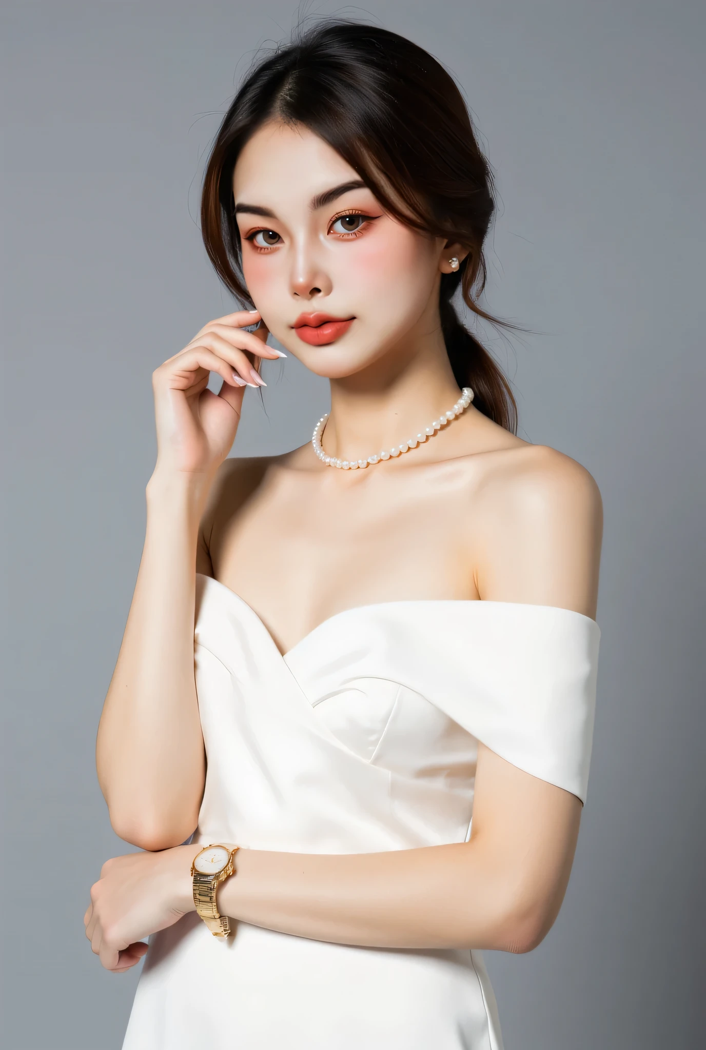 Beautiful looking Asian girl, elegant style, fine white skin, sharp appearance. Beautifully made up with light coral lipstick. Her eyebrows are natural. She wears a white dress with an open shoulder, satin fabric. She looks structured, her hair is neatly arranged. Medium and Klao was low boxing. She wore a pearl necklace, pearl earrings and a sleek gold wristwatch. The background is soft gray in the studio with gently arranged lighting, emphasizing elegance, professional portrait photos, high-definition detail.