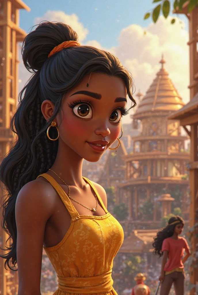 Create a clear picture of Tiana's face and background with Naveen building the restaurant together while Tiana's mother is standing underneath
