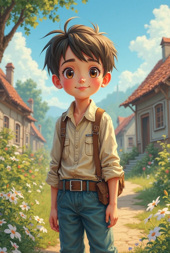 little farmer,
children's book illustration style, simple, 6 years old, colors, short brown hair, plaid shirt, short sleeve cowboy style, denim shorts, no belt,
cartoon without glasses and backpack