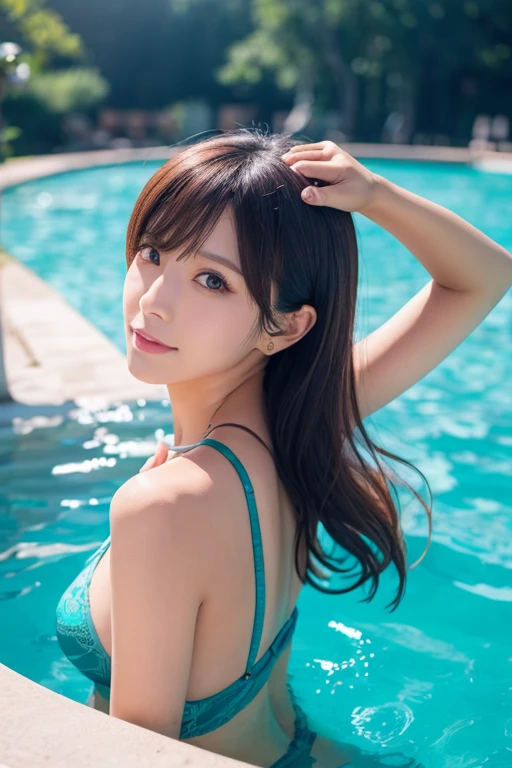 Sexy Bikini、Sitting by the pool、1 girl in, Colossal tits, Solo, thighs thighs thighs thighs, Long hair, Sitting, Brown hair, Looking at Viewer, sitted, Bangs,, Smile,Detailed hand、Detailed feet、Slimed、well-muscled、life-like、Realistic、real looking skin、a picture、high-level image quality、sideshot、Backshots