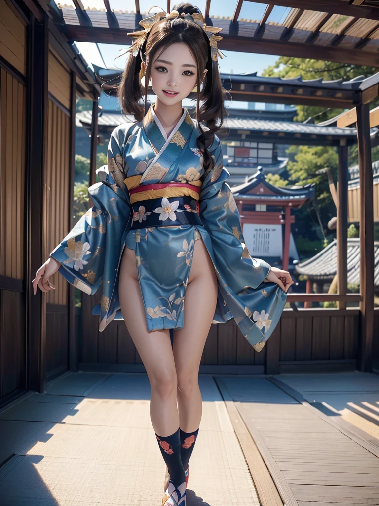 ((Super masterpiece、top-quality、ultra-definition、超A high resolution))、1girl in、Beautiful daughter、Princess of the Japan of the Edo period、I'm standing、super model、Raw photo、Nikon SLR D6、portrait shooting、Super beauty、a beauty girl、radiant eyes、perfect  eyes、18year old、standingn、full body Esbian、Healthy beauty、Himeji Castle Guest Room、5 fingers on the hand、Elegant and splendid kimono、Pale light blue underwear、Looking Back Beautiful Girl、red-lips、perfectly proportions、The Golden Rule、Slender figure、Colossal tits、appealing hip、Dark Fantasy、Famous castles of Japan、