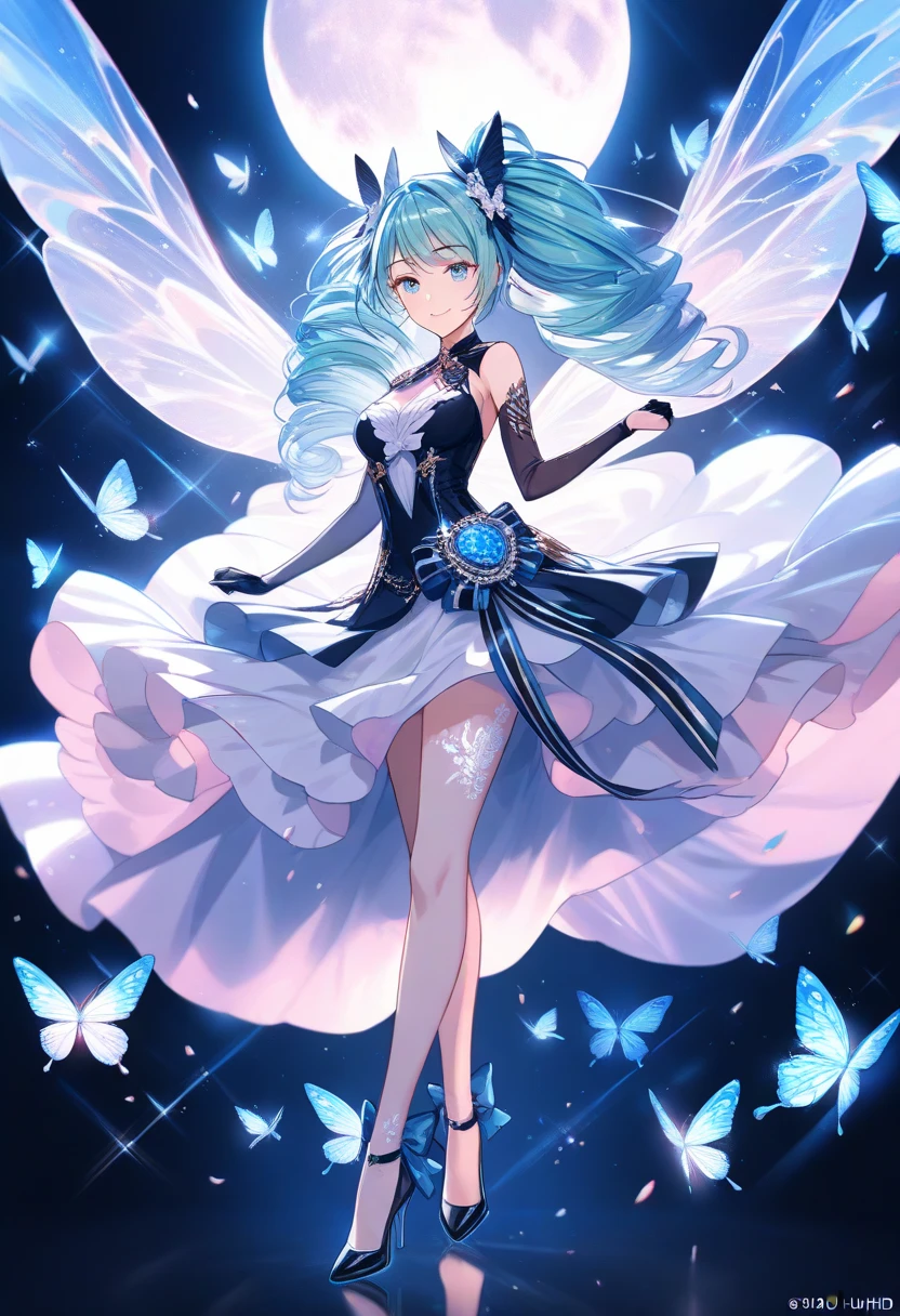 (Masterpiece:1.2), (best quality:1.2), (super high resolution:1.2), 1girl, solo, very_long_hair, white_hair, solo, fairy, glowing_butterfly, dancing, butterfly_hair_ornament, butterfly_wings, fairy_wings, animal, elbow_gloves, bird, in spring, (botanical garden:1.2), magic circles, moody lighting, (colourful glass), (complex background:1.1), bright, glowing, illuminatio, particle effects, Balance and coordination between all things, Yellow flowers, pink flowers, blue flowers, purple flowers, <lora:flowers_in_moon:0.5>