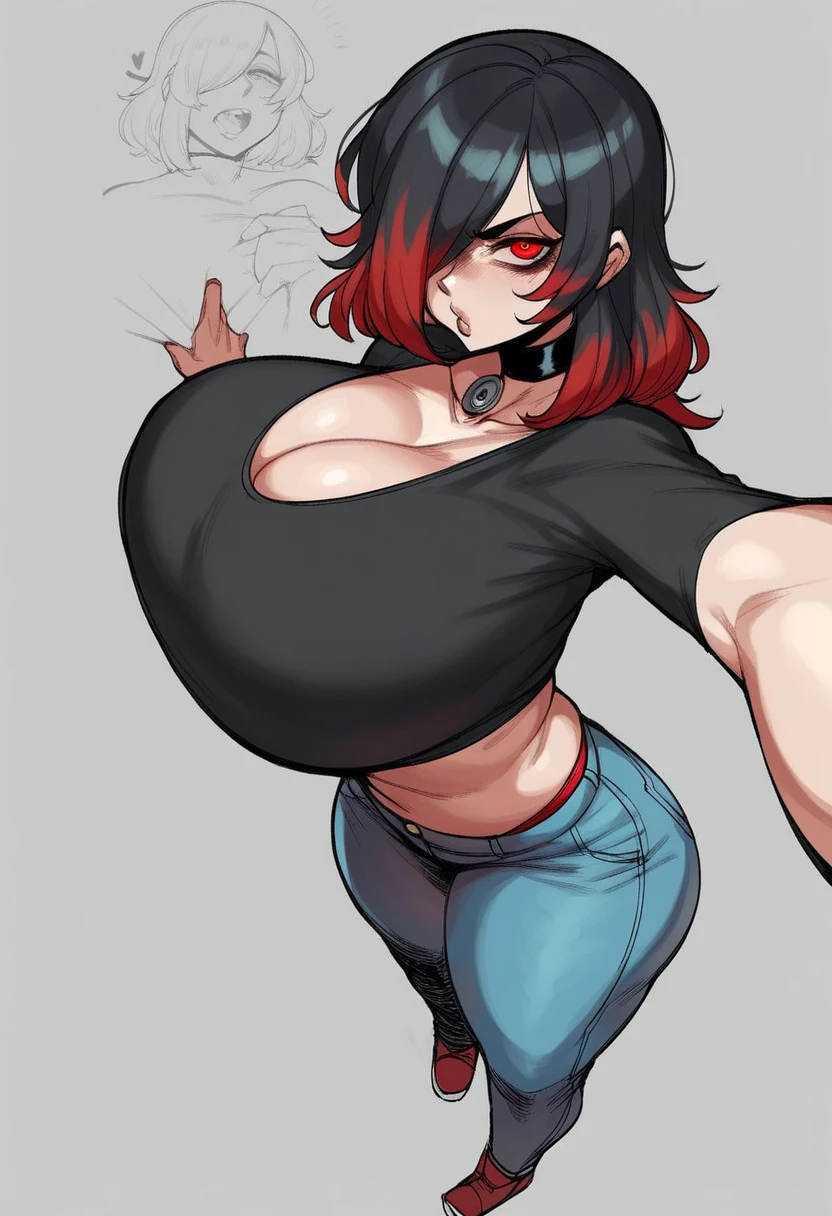 1girl,heart-shaped pupils,large breasts, squeezing, fingernails, black fingernails, crop top, jean shorts, thick thighs, wide hips, broad shoulders, glasses, blushing, short hair, brown hair, topless