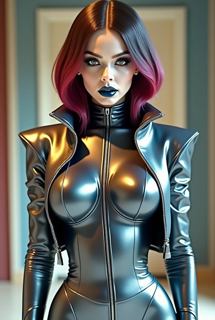 extremely detailed and realistic (brightly colored digital comic art with stroked outlines), 3/4 body portrait, jenna jameson, hourglass figure, cleavage, intense eye contact, (dominatrix aesthetic, barbiepunk), artistic erotica, detailed eyes, perfect face, (natural skin texture, highly detailed face), best quality, masterpiece, absurdres, by holly randall,