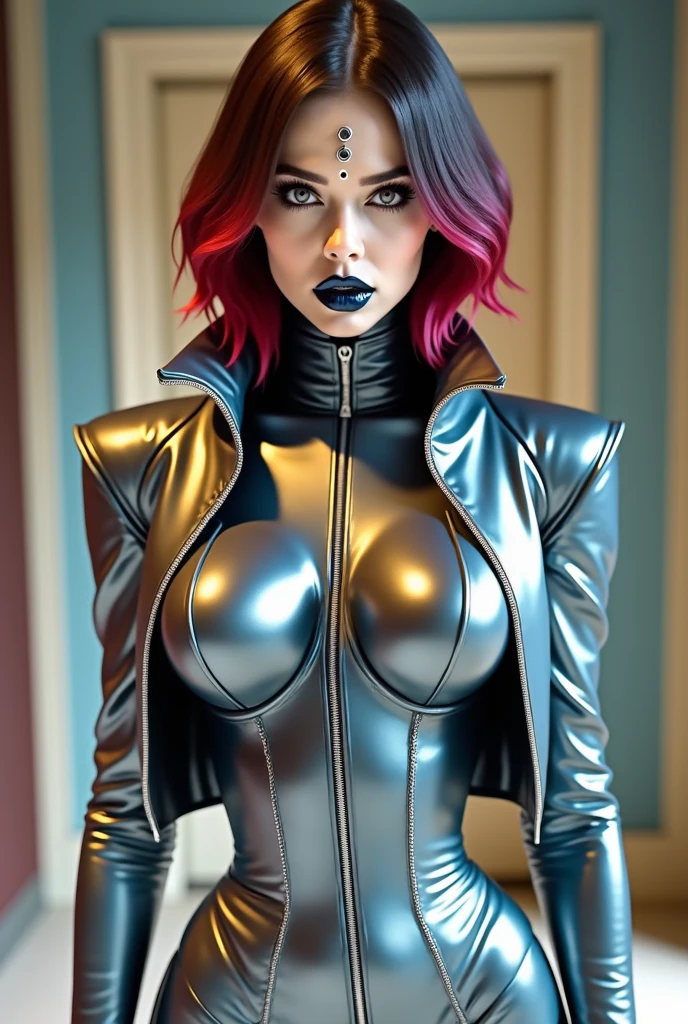 Gorgeous european woman with short hair, wet hair, hair slicked back, combed straight back, slick hair, streaked black hair, seductive pose, karen gillan, dressed as an anime character, cleavage, solid dark grey background